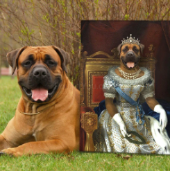 A dog laying next to a portrait of itself. In the portrait the dog is dressed up to look like a queen.
