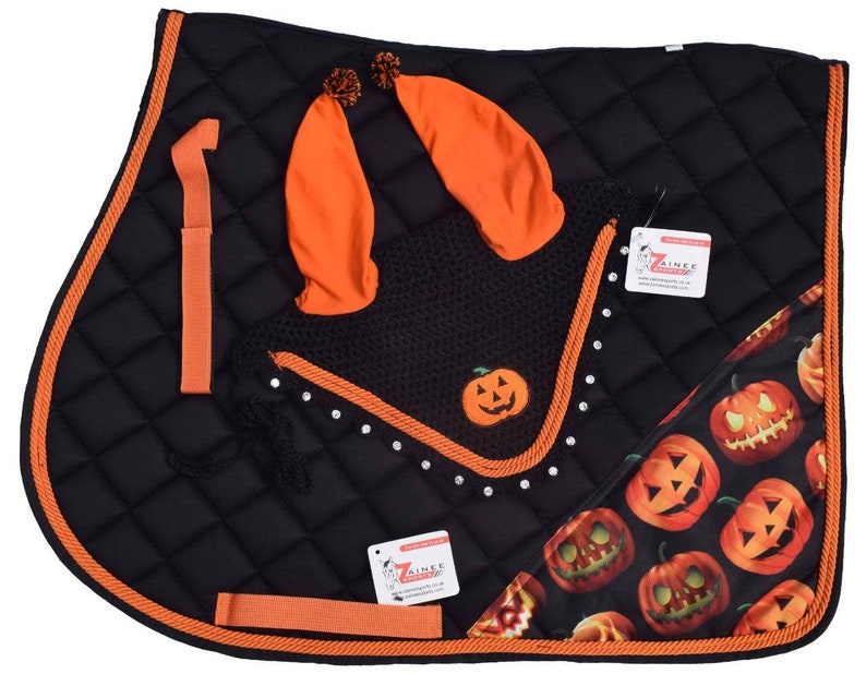 Pumpkin themed saddle pad and ear bonnet.