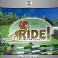 A graphic from the game Ride! Equestrian Simulation. It shows a show jumping jump and the backside of rider and horse going over the jump along with the text Ride! Equestrian Simulation.