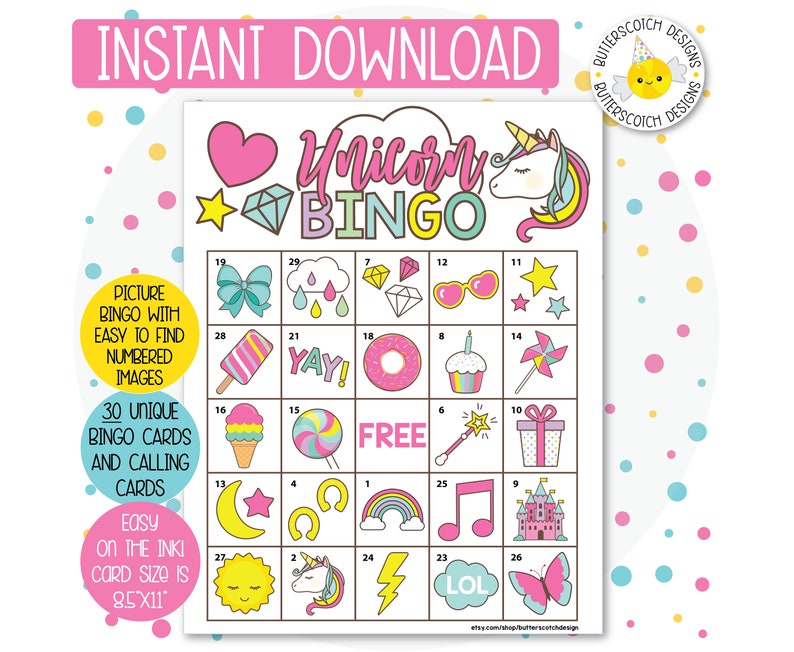 Unicorn Bingo Game.