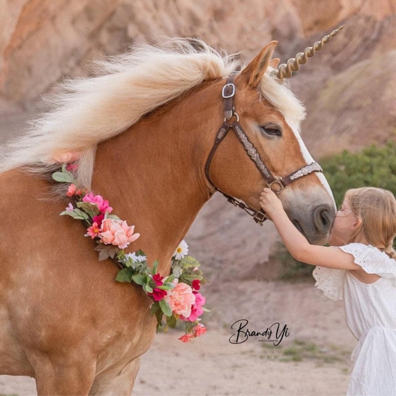 A horse with a unicorn horn on, a flower wreath around its neck, and a young girl kissing the horse on the muzzle.