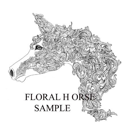 Arabian horse head with intricate details making up the neck, mane, ears, and part of the face. Words floral horse sample are on the image.