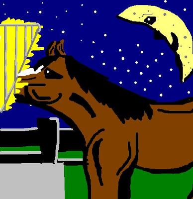 A bay horse with a white stripe on its face eating hay from a metal hay rack over a trough. The horse is in a paddock at night with a moon with a smiling face above.