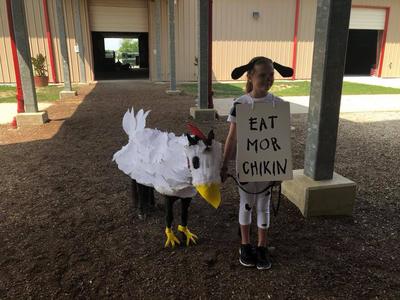 A miniature horse dressed up like a chicken next to a girl dressed up like a cow wearing a sign that says eat mor chikin.
