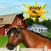 A graphic from the game Club Pony Pals. It shows a bay pony with a star standing beside a white fence with a barn and house in the background. A star shaped compass is in the right upper corner.