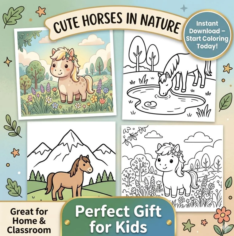 Horses in Nature coloring pages for kids from ColoringJoybook on Etsy