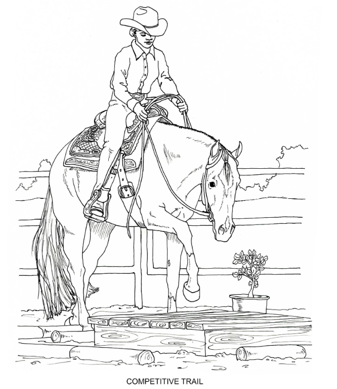A coloring page of a woman and her horse doing a trail class.
