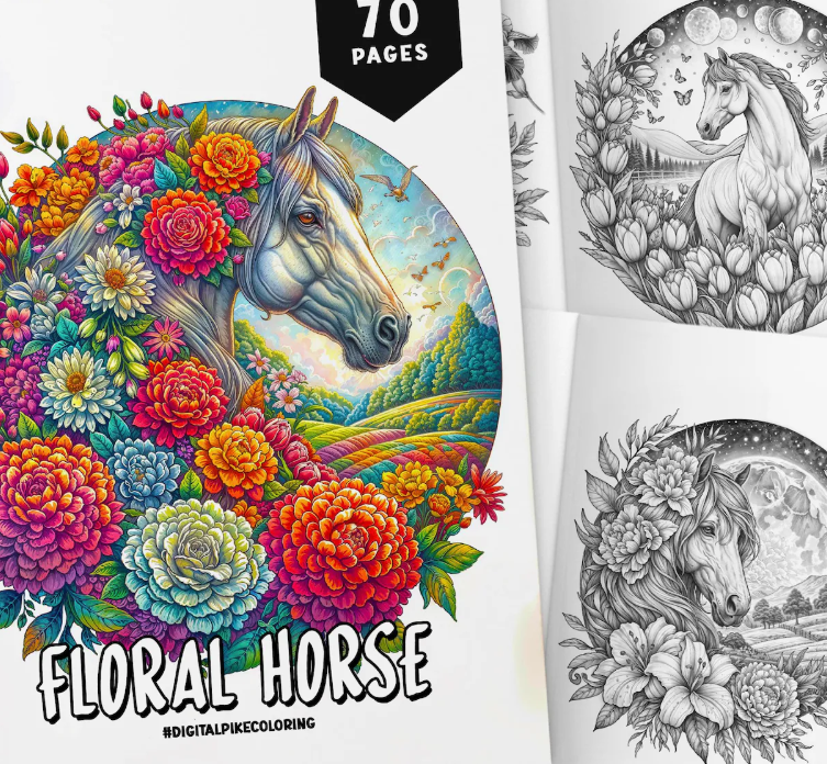 Image from etsy of a floral horse coloring pages