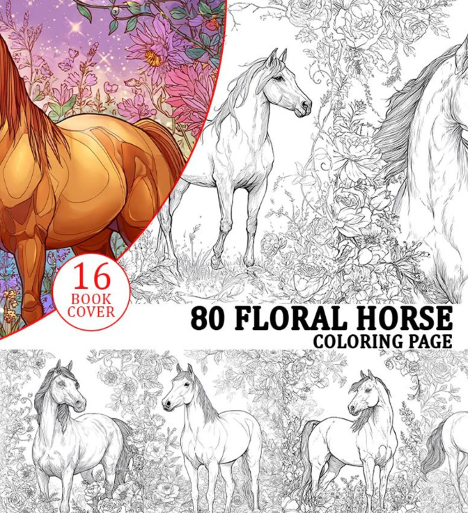Horse coloring pages from etsy featuring horses with flowers