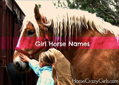 A picture of a palomino draft horse with a white stripe wearing a red halter in front of a red barn and trees. A young girl with blond hair and a light blue jacket is petting the horse's nose. There is a light red, semi-transparent stripe across the image with the words Girl Horse Names in white lettering and the words Horsecrazygirls.com in the bottom right hand corner.