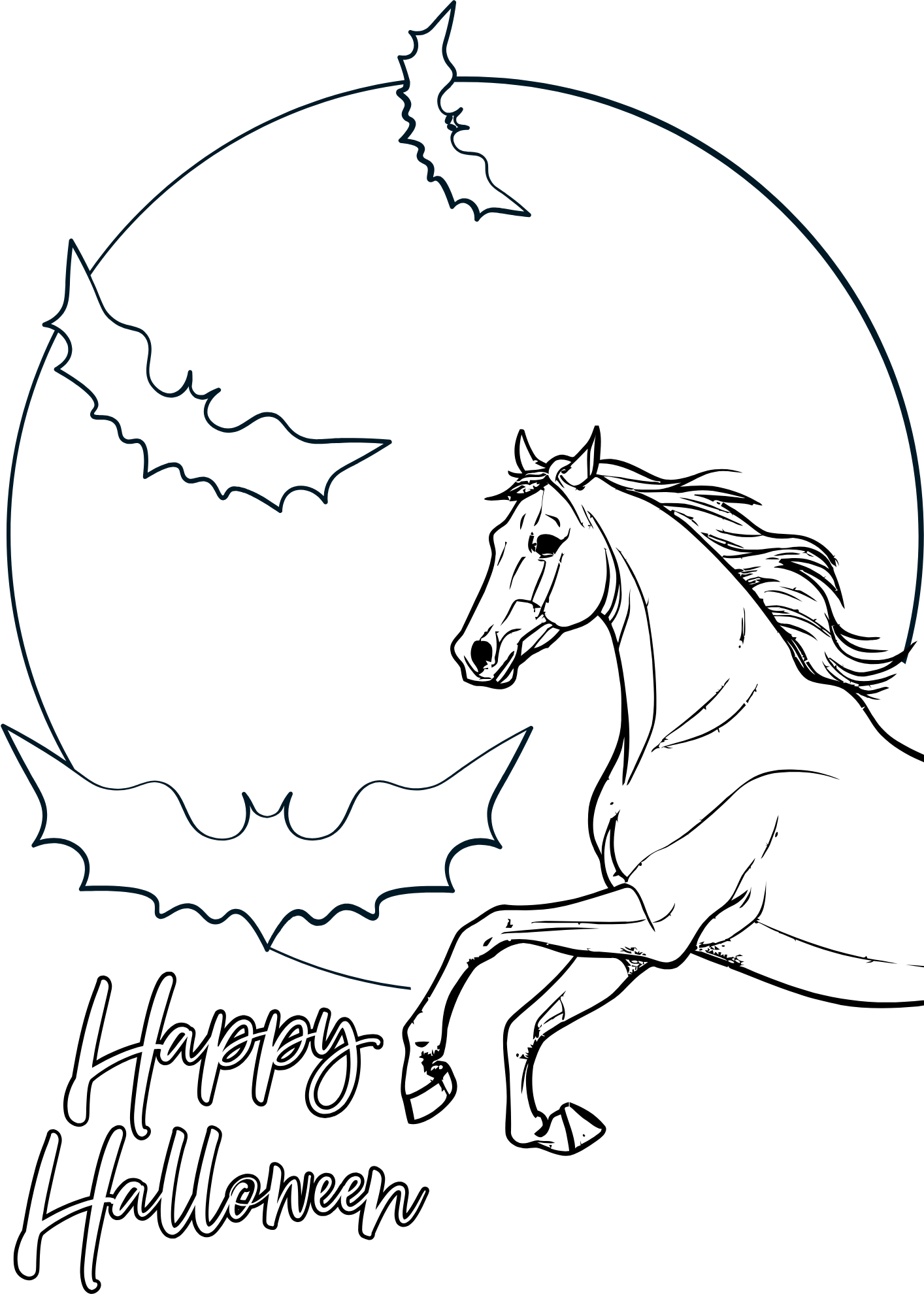 A full moon with bats and horse coloring page