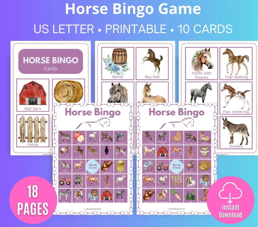 Horse Bingo Game party edition printable cards