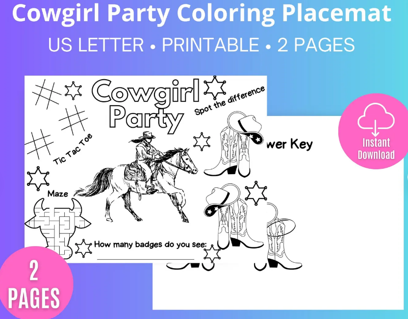 Cowgirl Party Coloring Placemat printable birthday activity