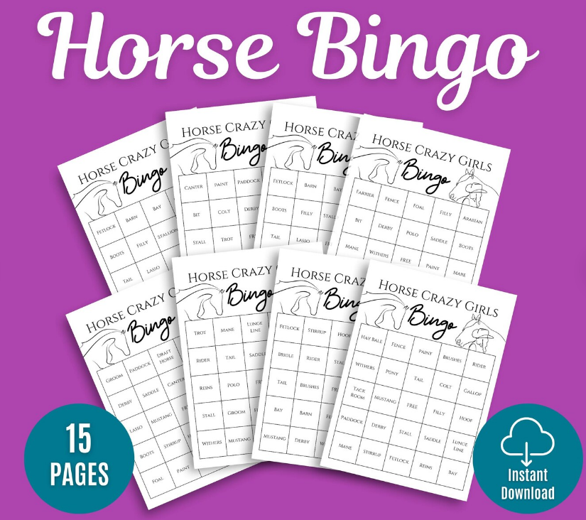 Horse Bingo Cards 15 pages — 10 bingo cards and 5 pages of calling cards