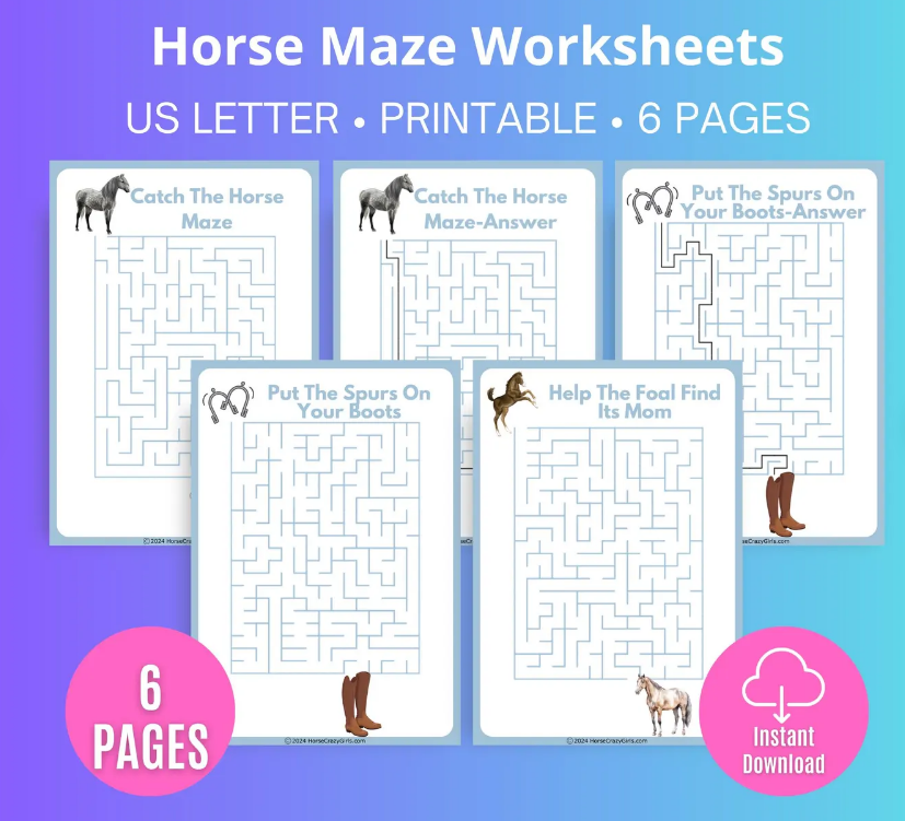 Horse Maze Activity printable — three equestrian themed maze puzzles