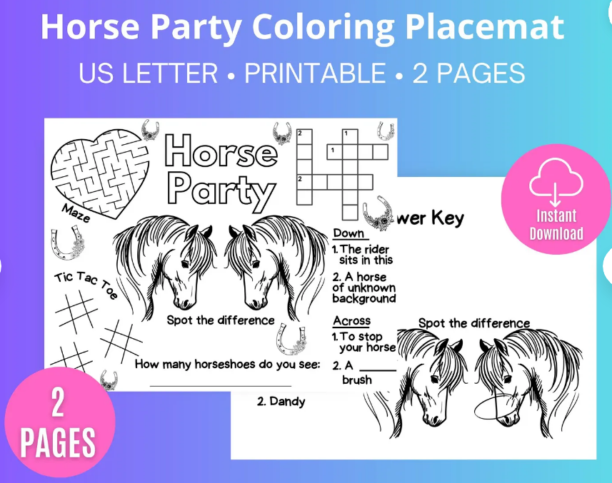 Horse Party Coloring Placemat printable birthday activity