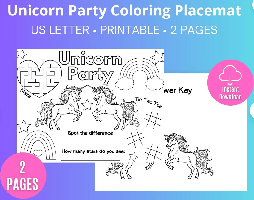 Unicorn Party Coloring Placemat printable birthday activity