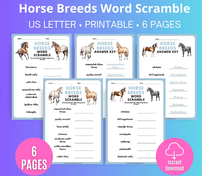 Horse Breeds Word Scramble printable game