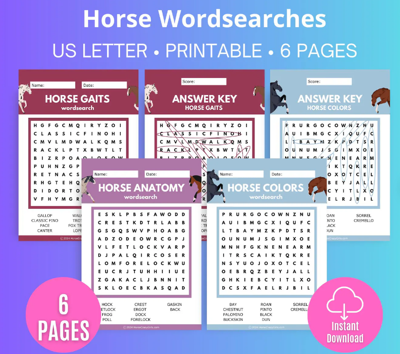 Horse Word Search printable activity pages — three designs