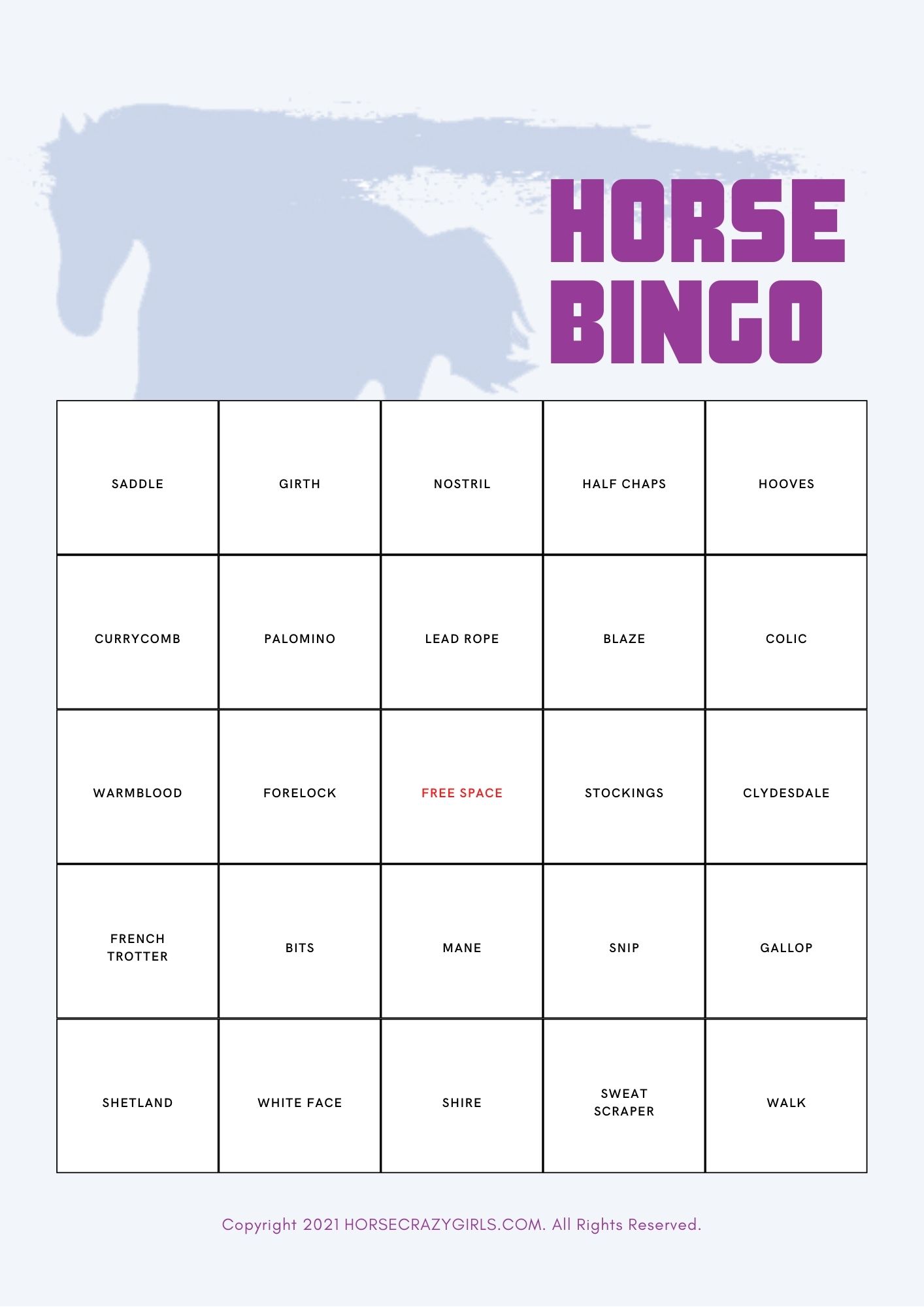 A bingo card with a horse theme.