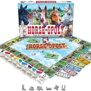 Horse-Opoly Board Game. The board game shows the top of the box of the board game along with the actual board, and elements used in the game.