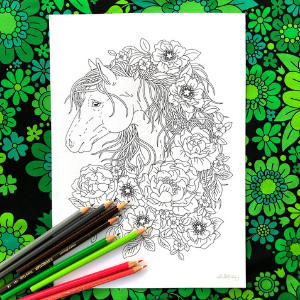 Linda Forsberg Flower Mane Horse Coloring Page for Adults