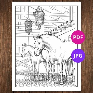 Mare with Foal Horse Coloring Page for Teens and Young Adults