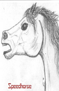A pencil drawing of a horse head with a fierce expression.
