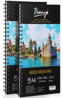 A pair of paper pads spiral bound designed for mixed media artwork.