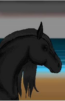 A digital painting of a black Friesian horse on the beach. The sky is grey, the water is blue, and the sand is beige. Only the horse's head and neck are drawn.
