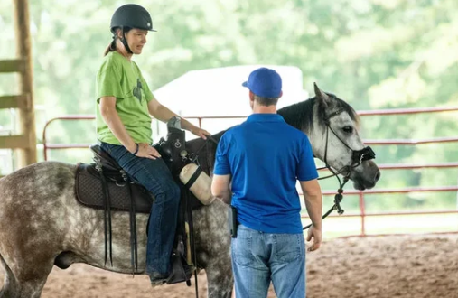 Image from the horse help challenge website of a rider on a dapple grey horse talking to an instructor