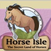 A graphic from the game Horse Isle. It shows a bay horse jumping through a horseshoe and it says Horse Isle The Secret Land of Horses below the horse. The background is pink and tan.