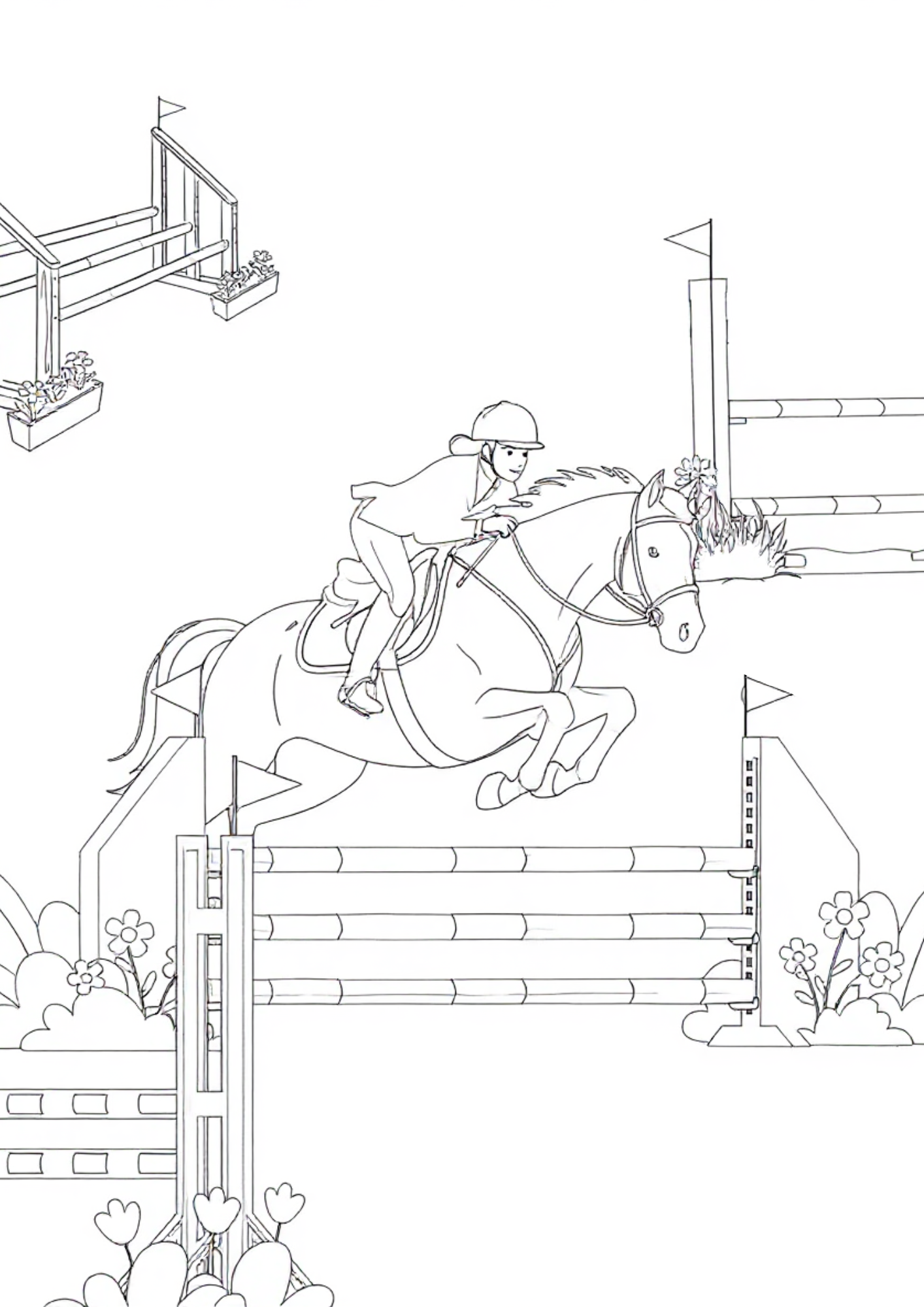 Horse and rider navigating a full show jumping course coloring page