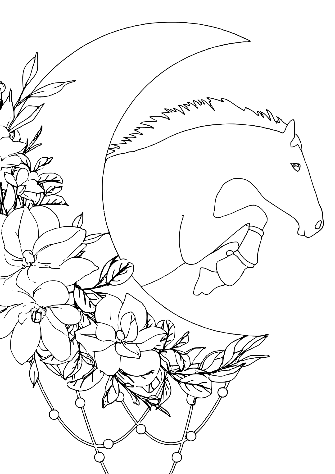 Horse jumping in front of a half moon atmospheric coloring page