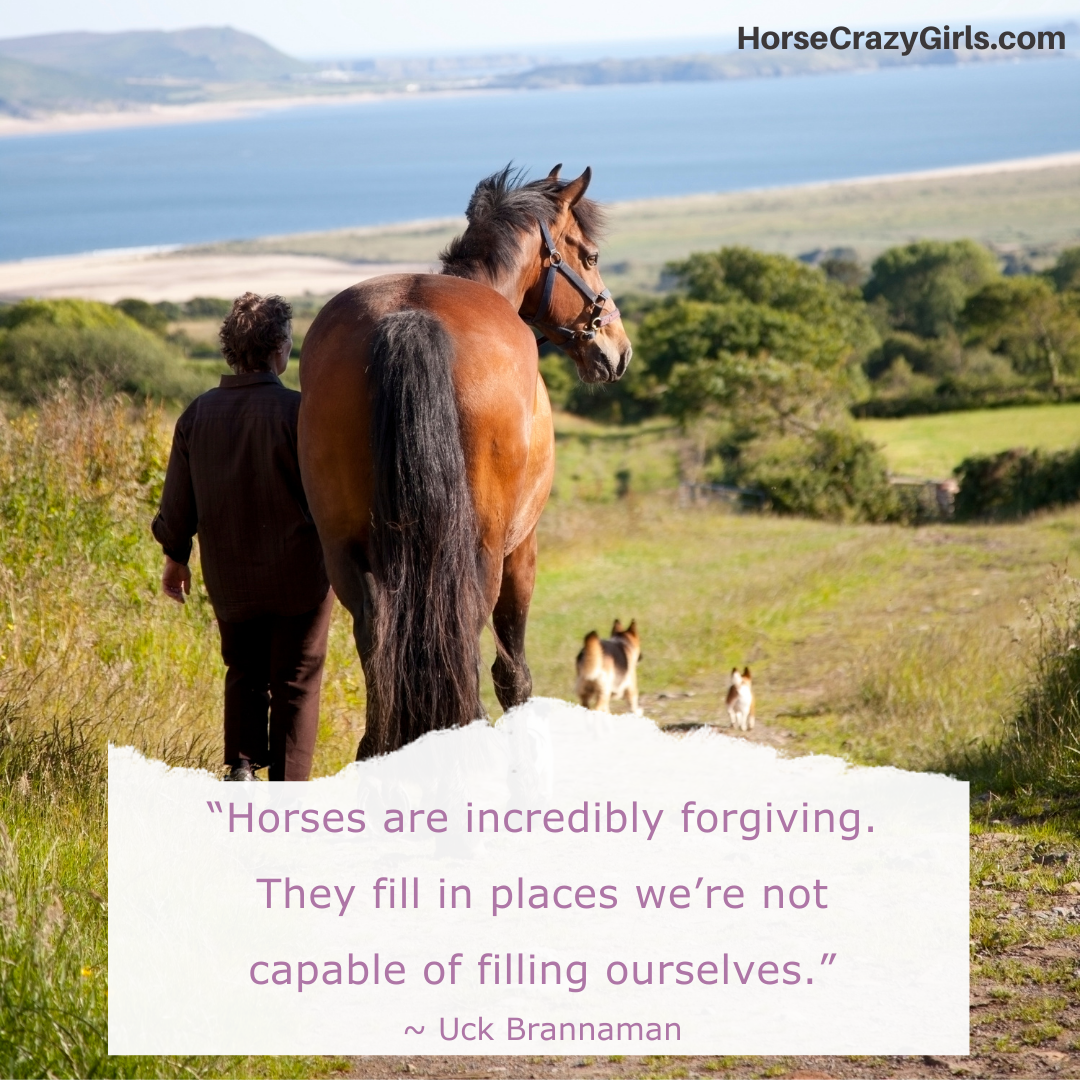 An image of a person walking their horse in a field with their dog and the quote “Horses are incredibly forgiving. They fill in places we’re not capable of filling ourselves.” ~ Uck Brannaman