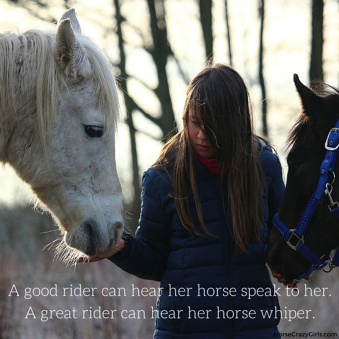 A girl standing with two horses with the quote "A good rider can hear her horse speak to her. A great rider can hear her horse whisper."