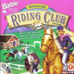 A graphic from the PC game Barbie Riding Club. In the center, there is text that says Adventure Riding Club, and an illustration of a farm and Barbie riding her brown horse.