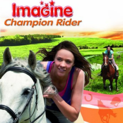 A graphic from the PC game Imagine Champion Rider. It shows a grassy field and two girls riding horses in background. In the upper left corner, there is text that says Imagine Champion Rider.