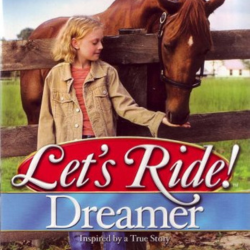 A graphic from the PC game Let's Ride! Dreamer. It shows a grassy field and a girl holding her horse by the reins. In the center, there is text that says Let's Ride! Dreamer.