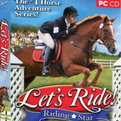 A graphic from the PC game Let's Ride! Riding Star. It shows a grassy field and a girl jumping her horse. In the center, there is text that says Let's Ride! Riding Star.