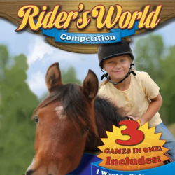A graphic from the PC game Rider's World Competition. In the center, there is text that says Rider's World Competition, and a picture of a young girl riding a brown horse and text that says 3 games in one includes.