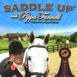 A graphic from the PC game Saddle Up with Pippa Funnell. In the center, there is text that says Saddle Up with Pippa Funnell, and a picture of a girl beside a white horse and an image of a blue ribbon.