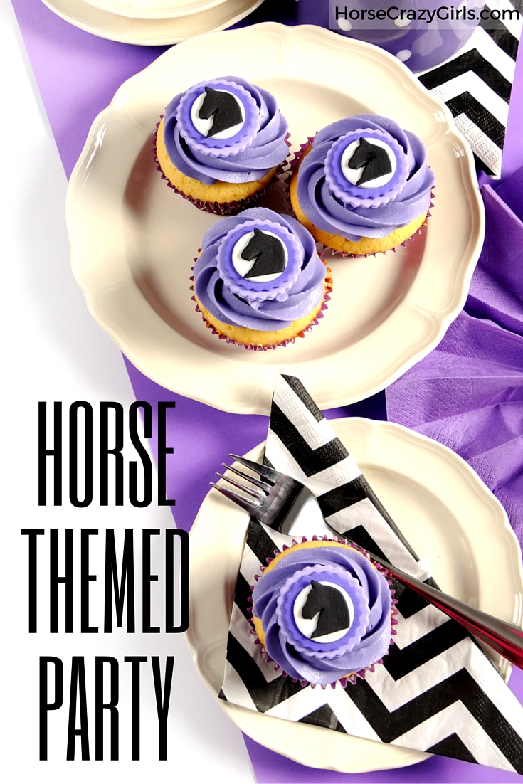 A picture of two horse themed cupcakes sitting on two separate plates with black and white napkins and a purple table cloth. The words Horse Themed Party vertical on the left.