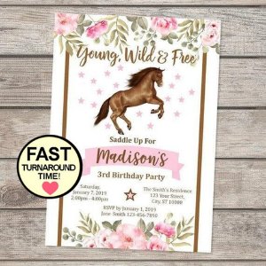 Floral Western Cowgirl Horse Birthday Invitations for wild horses themed horse party