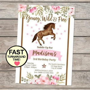 Floral Western Cowgirl Horse Birthday Invitations for wild horses themed horse party