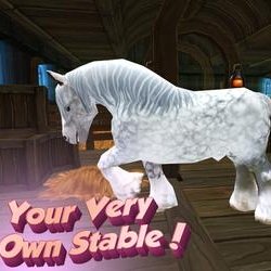 A graphic from the game Horse Quest Online. It shows a dapple grey draft horse in a barn pawing at hay on the ground. The text Your Very Own Stable! appears in the bottom left corner.