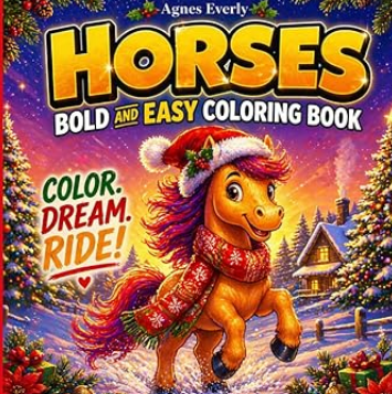 Horses Christmas bold and easy coloring book for kids on Amazon