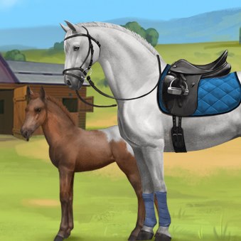 A graphic from the game Howrse. It shows a white horse wearing english tack standing next to a chestnut Appaloosa foal. The grass is green and there is a barn, trees, and mountains in the background.