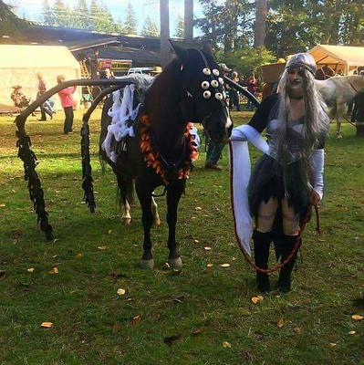 A girl in a medieval type costume standing with a horse that is dressed up like a spider.
