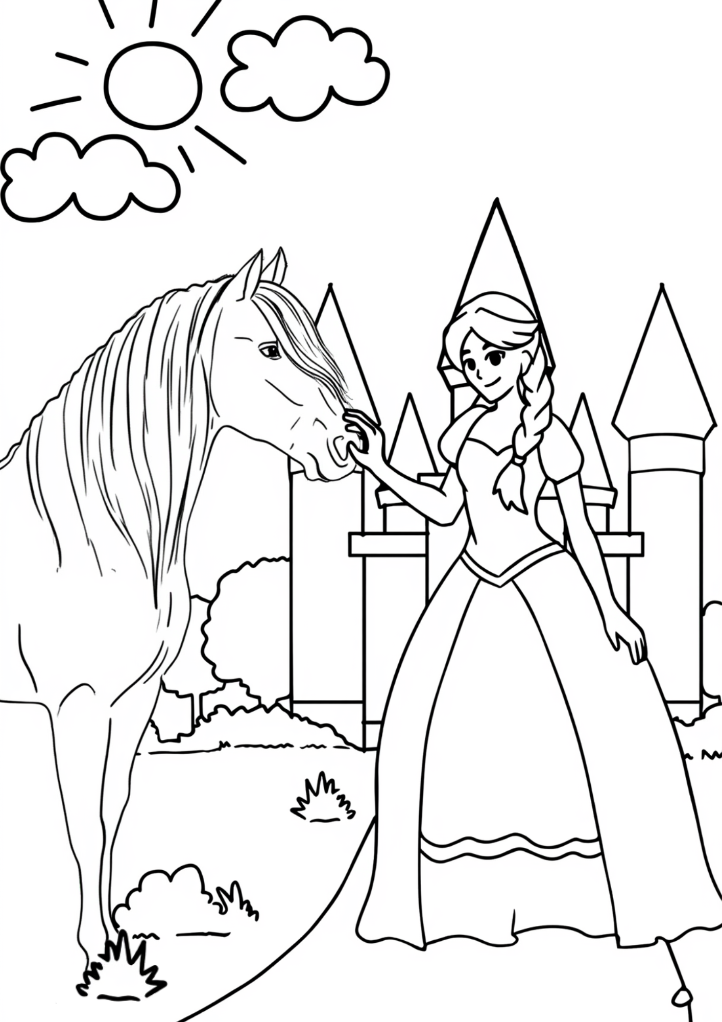 Princess with her horse in front of a castle simple kids coloring page